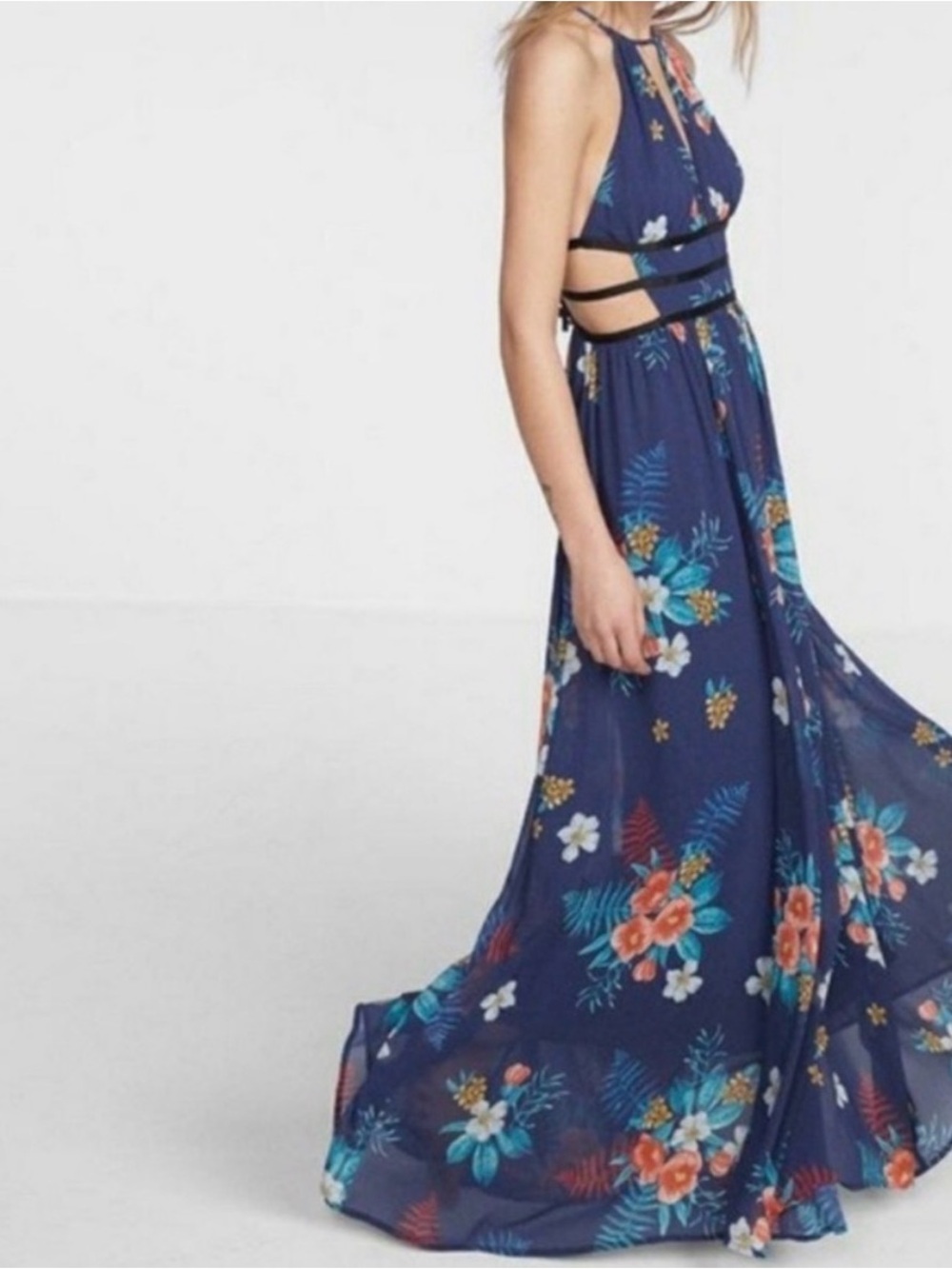 Express Navy Floral Halter Maxi Dress size xsmall with cutouts size xsmall